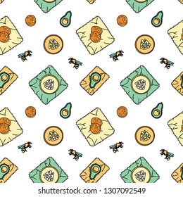 Seamless pattern with bee-wax wrapping and fruit. Stationery and fabric print. Sustainable household and green house symbols. Plastic-free and zero-waste items.
