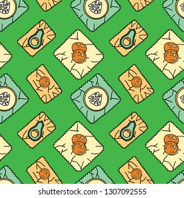 Seamless pattern with bee-wax wrapping and fruit. Stationery and fabric print. Sustainable household and green house symbols. Plastic-free and zero-waste items.