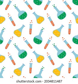 A seamless pattern for the beginning of the school year with bottles and test tubes for a chemistry lesson. Colorful school illustration for printing on banners, postcards, gift paper and packaging.