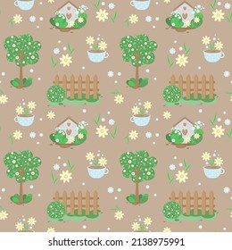 Seamless pattern beige background with tree, bushes, insect house, cup,wild flowers daffodils, chamomile, forget-me-nots and green leaves. Drawing in a simple style, vector illustration. Pastel colors