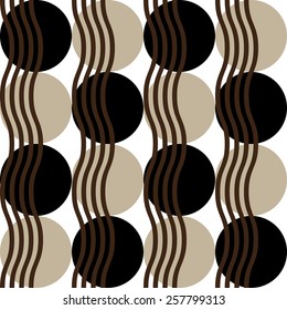 Seamless pattern with beige and black circles and brown wave.