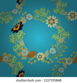 Seamless pattern with beige, blue and green flowers and leaves, abstract floral pattern. Tileable vector pattern for wallpaper, cards or fabric.