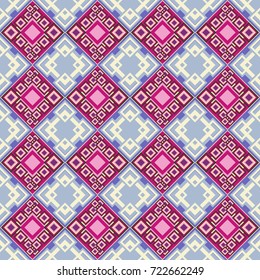 Seamless pattern in beige, blue and magenta colors. Vector background with tiles and rhombus. Vector geometrical seamless ornament.