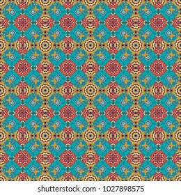 Seamless pattern in beige, blue and orange colors. Vector illustration. Vintage mosaics. Ethnic motif.
