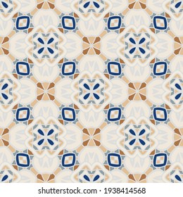 Seamless pattern in beige blue orange for decoration, paper wallpaper, tiles, textiles, neckerchief. Home decor, interior design, cloth design.