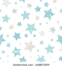 Seamless pattern with beige and blue stars of different rotation and size on white background. Vector illustration. Cosmos texture with particles of debris or  scratches. Retro, faded, grunge texture