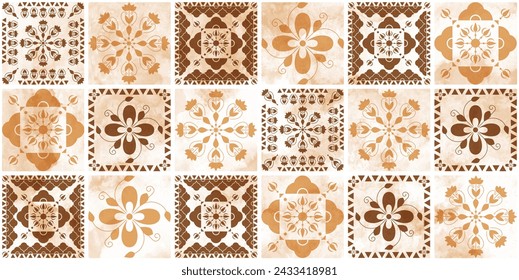 Seamless pattern with beige, brown, orange geometric ornaments. Old, antique square tile. Endless design for wall, floor ceramic interior design.