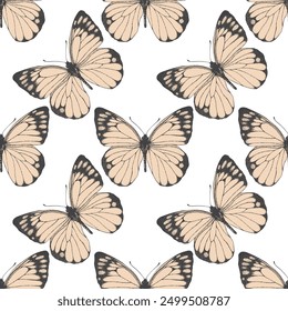 Seamless pattern of beige butterfly. Hand drawn illustration vector. Animal motif. Black and white. Painted butterflies elements on white background. For fabric, wrapping paper, textile, design banner