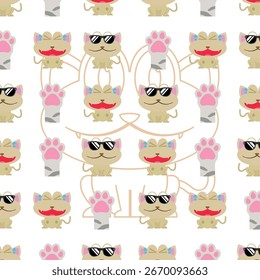 Seamless pattern with beige cats in sunglasses and pink paws Vector illustration