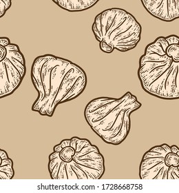 Patrón inmaculado, fondo de color beige. plato georgiano, tres khinkali. Esbozar la imitación de tablero de arañazos. Grabando ilustración vectorial.