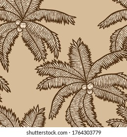 Seamless pattern beige color. Exotic, palm tree with coconuts. Sketch scratch board imitation. Black and white. Engraving vector illustration.