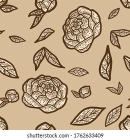 Color beige sin foco, flor de peonía. Esbozar la imitación de tablero de arañazos. Grabando ilustración vectorial.