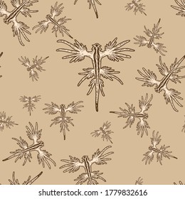 Seamless pattern beige color. Sea animal. Glaucus atlanticus. Sketch scratch board imitation. Engraving vector illustration.