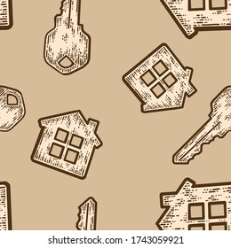 Seamless pattern, beige color. Set key with a keychain house. Sketch scratch board imitation. Engraving vector illustration.