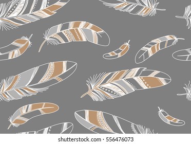 Seamless pattern with beige contour feathers on a gray background.
