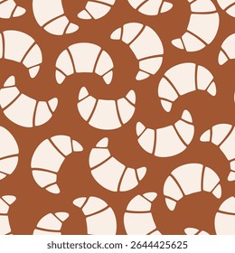 Seamless pattern with beige croissants on brown background in flat style. Repeating bakery-themed vector background.