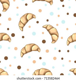 Seamless pattern with beige croissants on white background. Bakery and patisserie design. Traditional French breakfast, delicious dessert. Vector food illustration. For poster, wrapping paper, textile