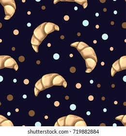 Seamless pattern with beige croissants on black background. Bakery and patisserie design. Traditional French breakfast, delicious dessert. Vector food illustration. For poster, wrapping paper, textile