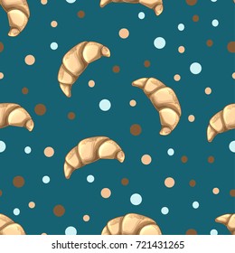 Seamless pattern with beige croissants on turquois background. Bakery and patisserie design. Traditional French breakfast, delicious dessert. Vector food illustration.For poster,wrapping paper,textile