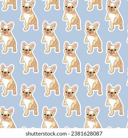 Seamless pattern of beige cute playful French bulldog babies on a blue background