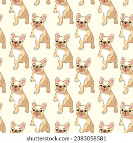 Seamless pattern of beige cute playful French bulldog babies on a light background