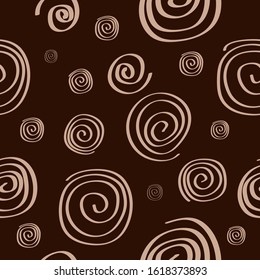 Seamless pattern: beige doodles in the form of a spiral on a brown background. Can be used for fabric. vector. illustration