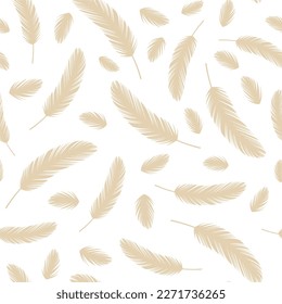 Patrón sin foco con plumas beige sobre un fondo blanco. Ilustración vectorial.