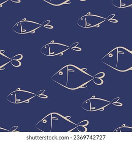 Seamless pattern with beige fish on blue background. Vector print. Fabric print. 