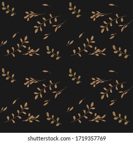 Seamless pattern of beige flowers, buds and leaves on a solid black background.