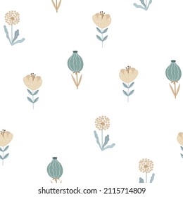 Patrón sin soldadura con flores beige, dientes de león y cabezas de amapola ​ sobre fondo blanco para tela textil, papel de pared, ropa, envoltura