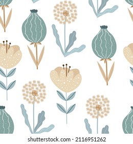 Patrón sin soldadura con flores beige, dientes de león y cabezas de amapola ​ sobre fondo blanco para tela textil, papel de pared, ropa, envoltura