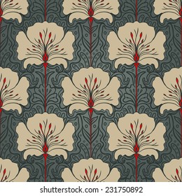 Seamless pattern with beige flowers on dark green background. Art nouveau style. 