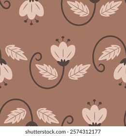 Seamless pattern with beige flowers in on a brown background. Beautiful floral background in trendy pastel coffee colors of the year 2025. Cute hand drawn style