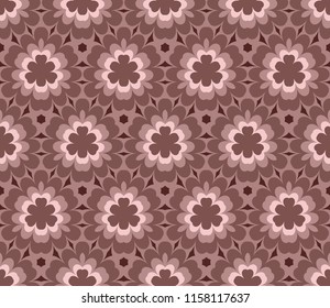 Seamless pattern from beige geometrical abstract ornaments on a dark brown background. Vector illustration can be used for textiles, wallpaper and wrapping paper