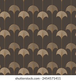 Seamless pattern with beige and golden elements on brown background. Art deco style. Vector print
