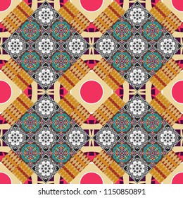 Seamless pattern in beige, gray and brown colors. Vector background with tiles and rhombus. Vector geometrical seamless ornament.