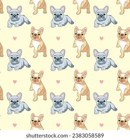 Seamless pattern of beige and gray cute French bulldog babies on a light background with hearts