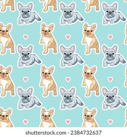 Seamless pattern of beige and gray cute baby French bulldogs on a blue background with hearts
