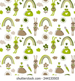Seamless pattern.  Beige and green love hares with colored flowers and rainbows