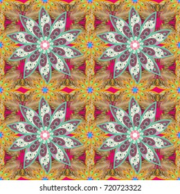 Seamless pattern with beige, green and pink flowers and leaves on beige, green and pink colors, watercolor floral pattern, flower, tileable for wallpaper, card or fabric.