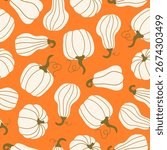 Seamless pattern with beige hand drawn pumpkins on a orange background. Autumn texture for thanksgiving, harvest and halloween. Season palette. Vector Illustration