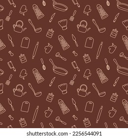 Seamless pattern with beige hand drawn sketchy kitchenware on brown background. Wrapping paper, tablecloth, napkin or textile design with cooking tools. Wallpaper for restaurant menu, bakery, cookbook