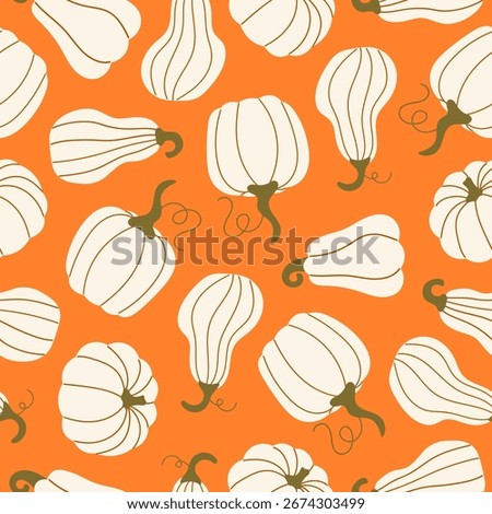 Seamless pattern with beige hand drawn pumpkins on a orange background. Autumn texture for thanksgiving, harvest and halloween. Season palette. Vector Illustration
