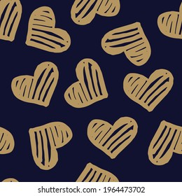 Seamless pattern with beige hearts on dark blue background. Vector design for textile, backgrounds, clothes, wrapping paper, web sites and wallpaper. Fashion illustration seamless pattern.