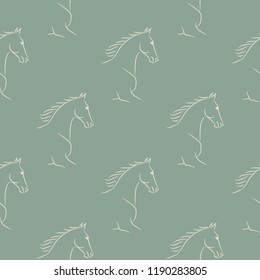 Seamless pattern with beige horses, green background. Realistic vector illustration.