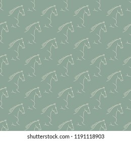 Seamless pattern with beige horses, green background. Realistic vector illustration.
