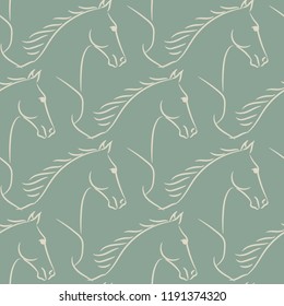 Seamless pattern with beige horses, green background. Realistic vector illustration.