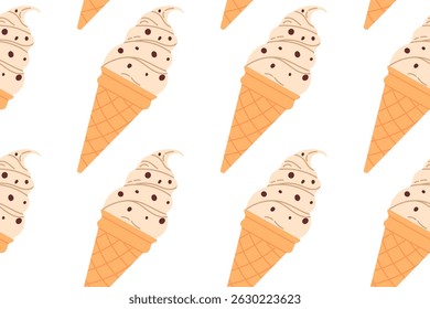 Seamless pattern of beige ice cream cones with chocolate chips on white background, perfect for dessert design or packaging