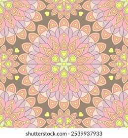 Seamless pattern with beige Indian floral ornament for fabric swatch or wrapping paper. Vector abstract kaleidoscopic background