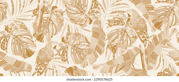 Seamless pattern with beige jungle exotic leaves and parrot. Design for wallpaper, fabric and textile print. Repeat endless tropic backdrop.